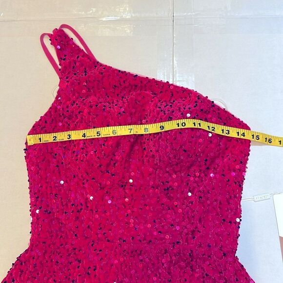 NEW A-line one shoulder sleeveless magenta color mini velvet sequins dress size4 - Picture 11 of 12